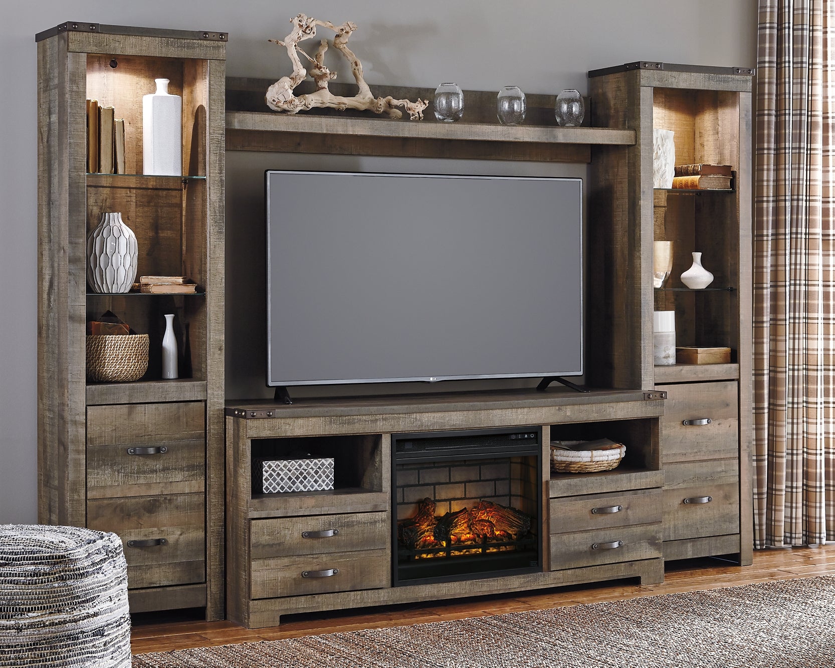 Entertainment center shop with fireplace