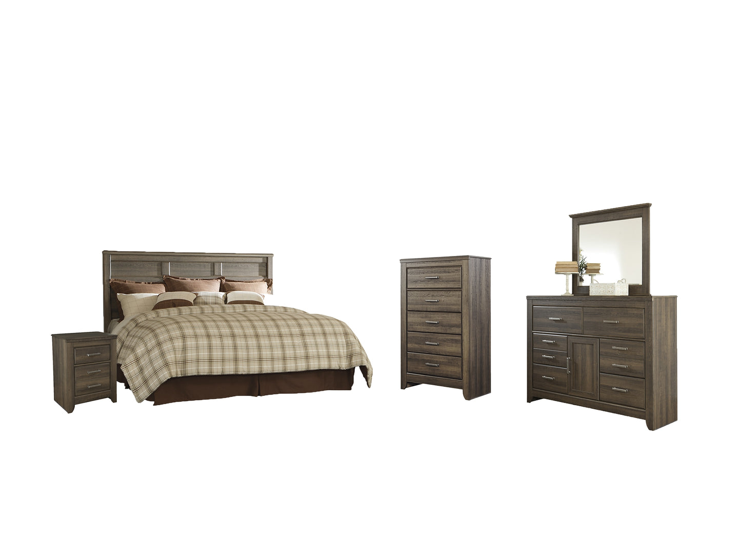 Juararo King/California King Panel Headboard with Mirrored Dresser, Chest and Nightstand