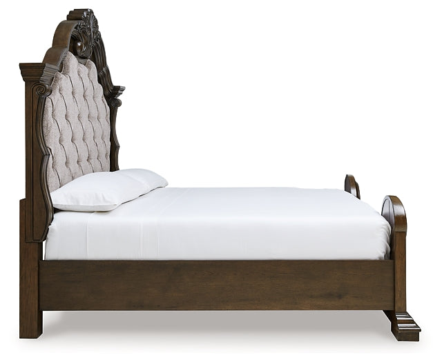 Maylee Queen Upholstered Bed with Mirrored Dresser